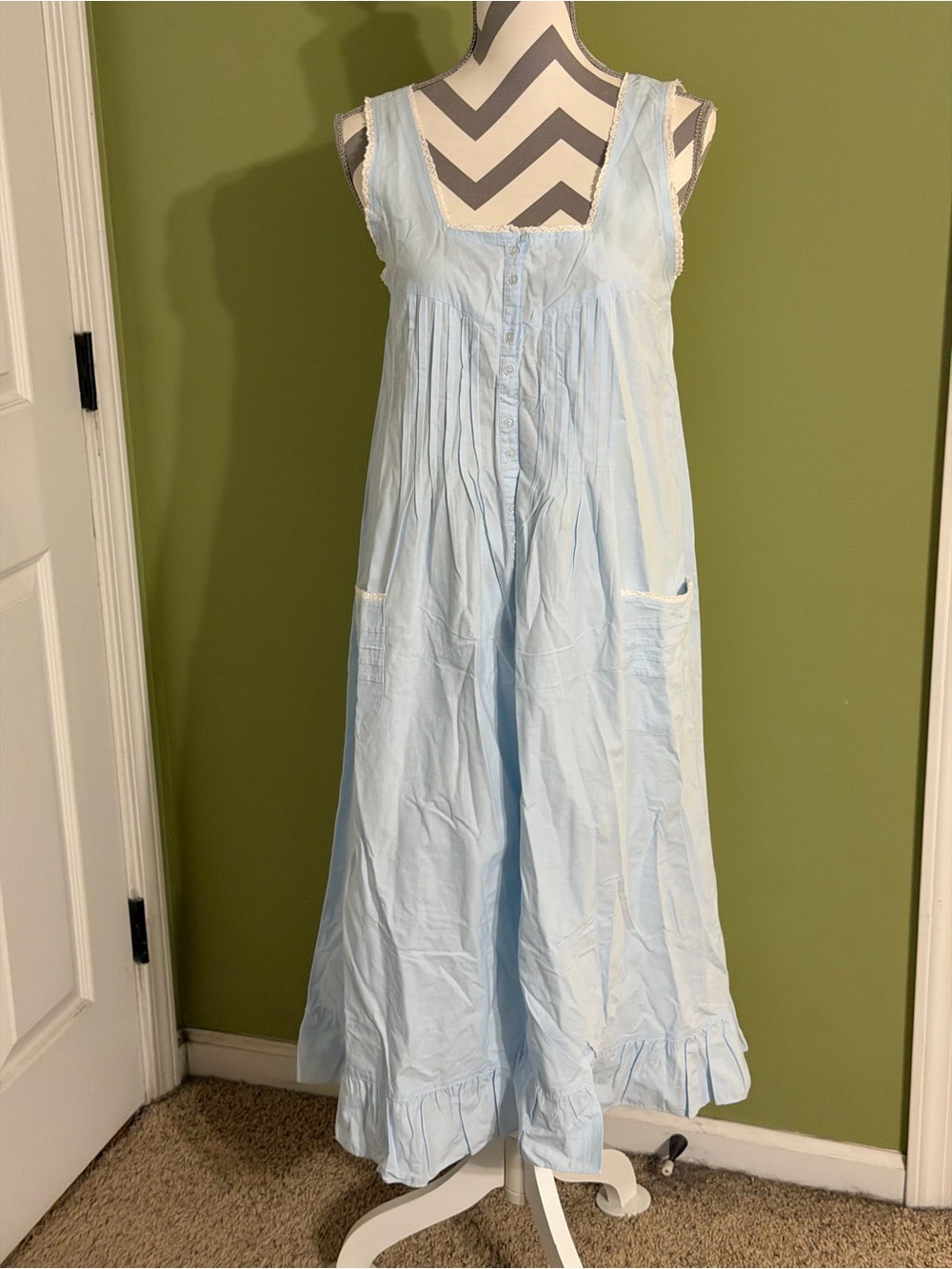Vintage Lewis Frimel cotton Light Blue Button Front Nightgown Ruffle Trim